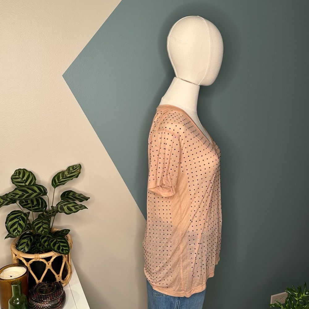 Sheer Rhinestone Studded V-Neck Tee Y2K Festival Nude Short Sleeve Top Small - Picture 3 of 8